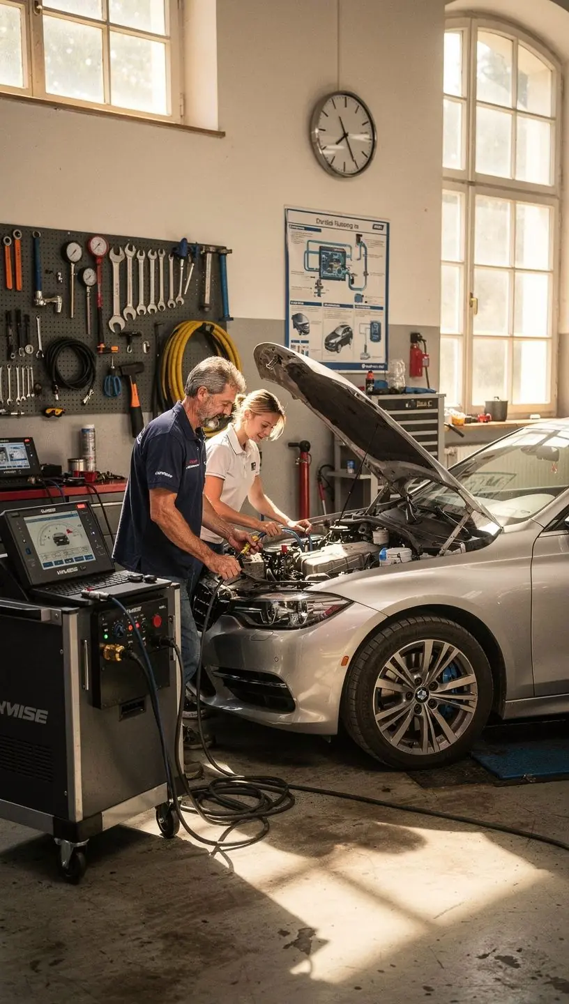 Techniker füllt umweltfreundliches Kältemittel in die Autoklimaanlage nach genauen Vorgaben.