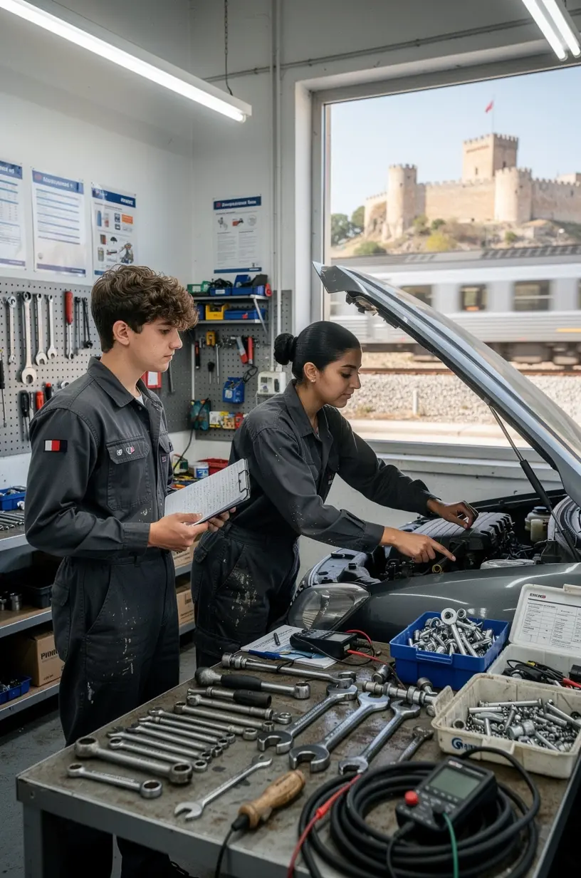 Mechaniker reinigt das Kühlsystem eines Autos mit professionellem Equipment in der Werkstatt.